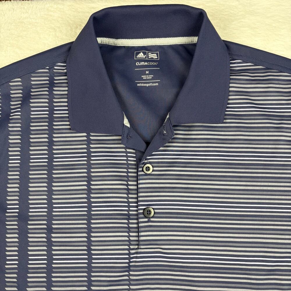 Adidas ClimaCool Men’s M Golf Polo Blue Gray Striped Performance Short Sleeve